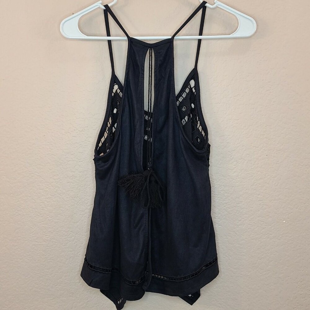 NU New York Womens Shirt Top Small Blue Eyelet Halter Open Back Tasseled Casual - Picture 2 of 12